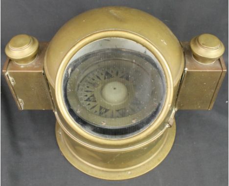 BRASS SHIP'S BINNACLE HEAD, containing gimballed card compass.  32cm high.   CONDITION REPORT:  Tarnished and with some dents