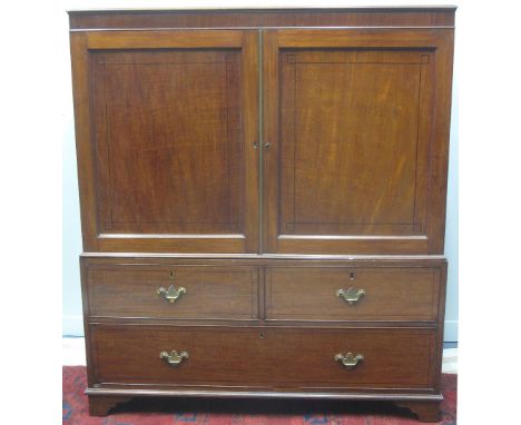 19TH CENTURY MAHOGANY LOW TWO STAGE PRESS CUPBOARD, having a pair of strung, inlaid, blind panel doors revealing sliding shel