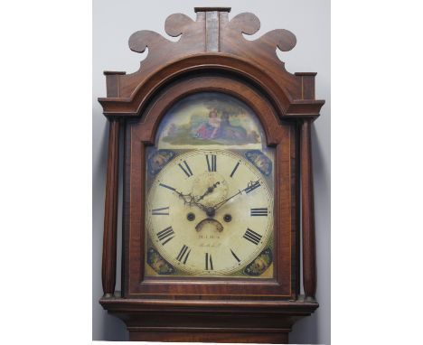 EARLY 19TH CENTURY MAHOGANY LONG CASE CLOCK by D.J. Hoy, having fret cut arch pediment above arched aperture flanked by balus