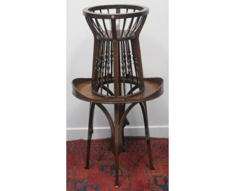 UNUSUAL EDWARDIAN MAHOGANY JARDINIERE STAND, with baluster turned spindles, galleried shelf on four square legs with arched a