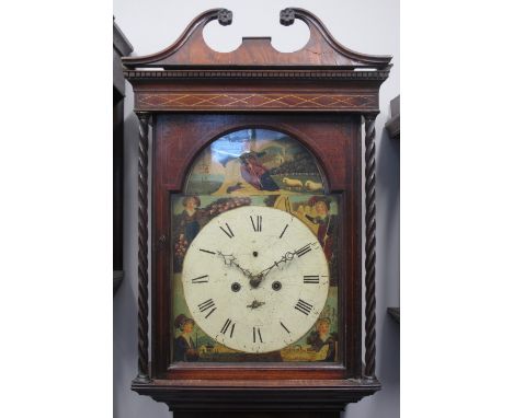 EARLY 19TH CENTURY MAHOGANY LONG CASED CLOCK, having broken swan neck pediment above dentil cornice, arched aperture flanked 