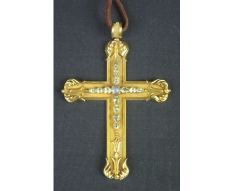 GOLD BISHOP'S PECTORAL CROSS set with chrysoberyl and star sapphire stones, and having stylised foliate ends, engraved to the