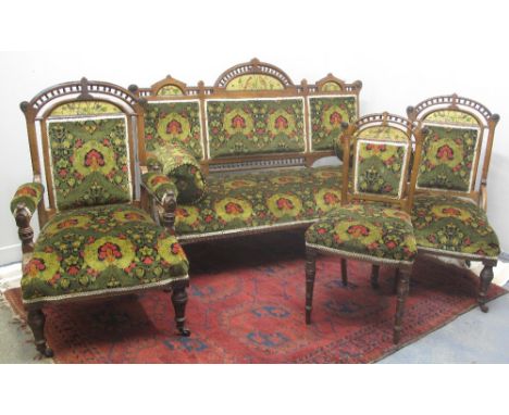 LATE VICTORIAN AESTHETIC TASTE MAHOGANY SHOW FRAMED, SEVEN PIECE PARLOUR SUITE, the arched backs all decorated with painted s