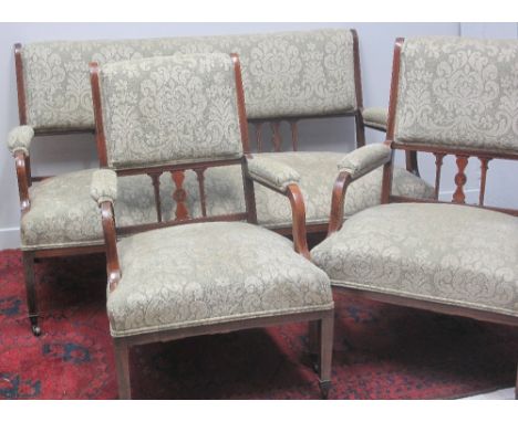 LATE VICTORIAN ROSEWOOD FRAMED THREE PIECE PARLOUR SUITE with padded backs, vase shaped splats, stuff over seats, open padded