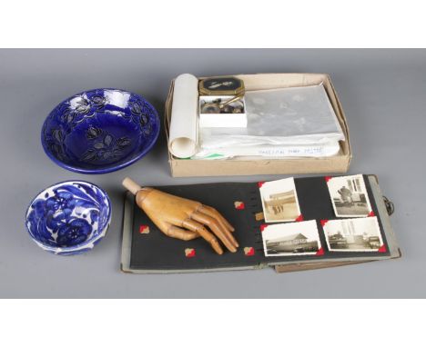 A box of collectables. Including selection of photographs, wooden lay figure/mannequin hand, two ceramic bowls and small quan