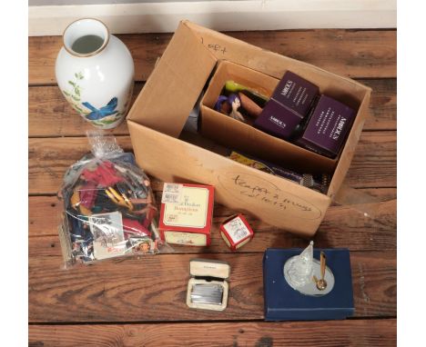 A box of miscellaneous including Franklin Mint Bluebirds of Summer vase, Ronson lighter, Wade whimsies, 1970s Star Trek figur