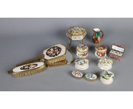 A quantity of ceramic trinket boxes including perfume bottle miniature casket, brush and mirror set and other ceramics.  