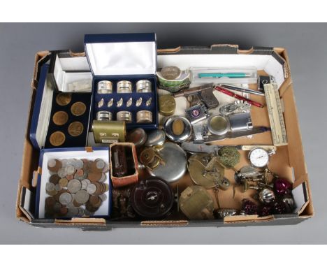 A large box of collectables. Including Stanley compass, Tower Mint Winter Olympic Games coin set, vintage Christmas baubles, 