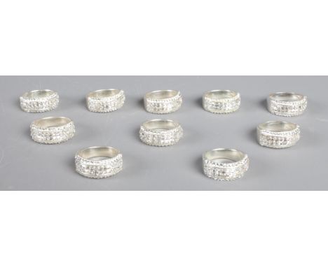Ten chunky silver rings set with paste stones. All stamped 925. Total weight: 54.82g.  