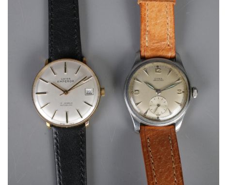 Two gent's wristwatches. Includes stainless steel Cyma manual watch and Swiss Emperor manual example.  