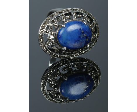 A Silver, Marcasite and Lapiz Lazuli cluster ring, size MÂ½.  