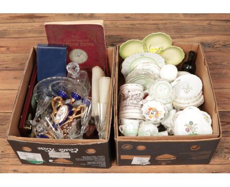 Two boxes of miscellaneous. Includes bone china tea sets, Thomas Webb decanter, ship table light, Carltonware, costume jewell