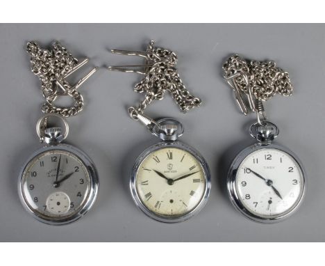 Three white metal pocket watches. Including Services, H.Samuel 'Defiance' and Timex.  
