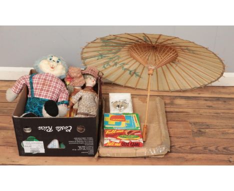 A box of miscellaneous items, to include ceramic dolls, vintage games and toys and parasol.  