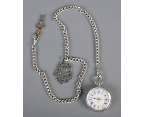 A Swiss silver pocket watch on silver chain with silver fob. Fob assayed Birmingham 1913 by TL. Chain and fob weight 47g.  