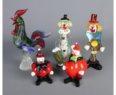 A quantity of Murano style glass clowns and glass cockerel. Cockerel has damaged right wing.  