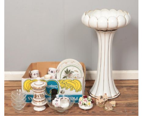 A large box of assorted ceramic and glassware. To include examples from Royal Doulton, Portmerion, sundae dishes and large ja