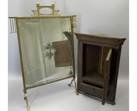 VINTAGE MINIATURE OAK WALL HANGING CORNER CUPBOARD and a Victorian brass with bevelled edge mirror firescreen, 52.5 x 37cms a