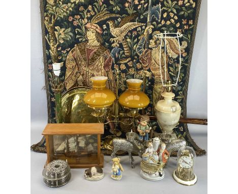 DECORATIVE TABLE LAMPS, wall hanging tapestry, long handled brass warming pan, wooden cased model of "The Bounty", white meta