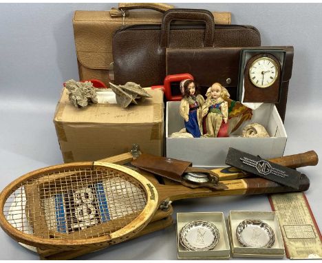 MIXED GROUP OF COLLECTABLES - to include Slazenger and Dunlop tennis rackets, leather holdalls, map reading instruments, foss