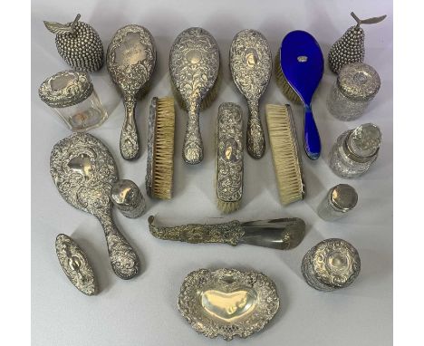 SILVER BACKED &amp; OTHER DRESSING TABLE ITEMS and silver topped bottles, ETC, a mixed group including one hand mirror, eight