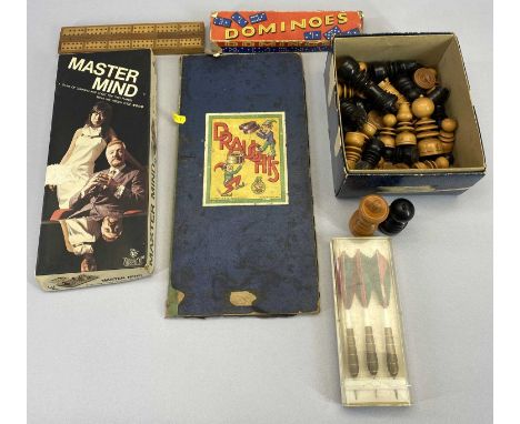 VICTORY DRAUGHTS BOARD, boxwood and ebony chess pieces, vintage Vic-toy Mastermind game, boxed dominoes, ETC