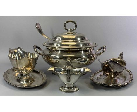 EPNS SOUP TUREEN &amp; COVER WITH LADLE - Marked 'George Hotel, Criccieth' and three various sauce boats, two on integral sta