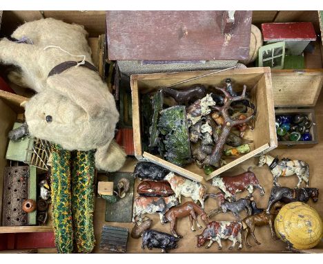 MIXED TOY COLLECTION - to include a Britain's and other cast metal and wooden buildings farmyard set, small stuffed toy dog a