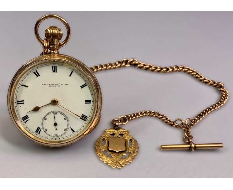9CT GOLD CASED GENTLEMAN'S POCKET WATCH &amp; FOB CHAIN - the watch case dated Chester 1906, the dial and movement by Thomas 