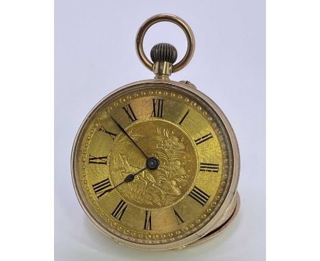 9CT GOLD CASED LADY'S FOB WATCH - manual wind movement behind a gilt dial, set with Roman numerals, engraved to the centre wi