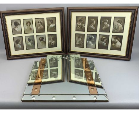 ART DECO WALL MIRROR and two framed quantities of vintage glamour postcards, 61.5 x 53.5cms the mirror, 46 x 56.5cms includin