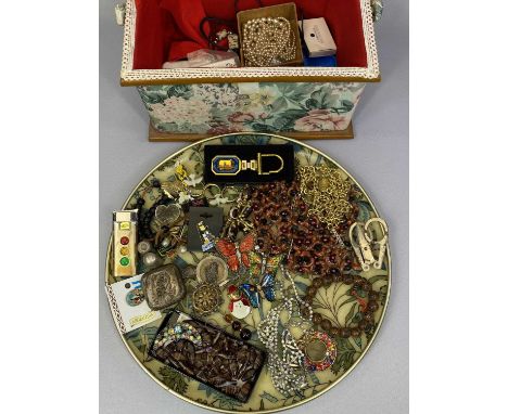 VINTAGE NEEDLEWORK BOX with jewellery and other collectable contents including a sterling silver thimble, white metal pill bo