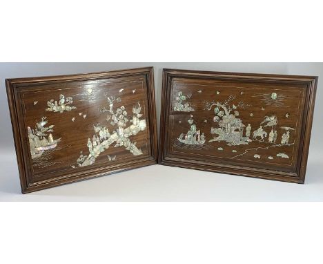CHINESE HARDWOOD MOTHER OF PEARL INLAID PANELS (2) - 42.25 x 62.5cms and 63.5cms