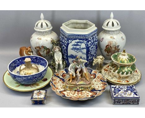 CHINA ASSORTMENT - to include a pair of lidded Continental vases, 35cms tall, a Wedgwood Ferrara Etruria blue and white bowl,