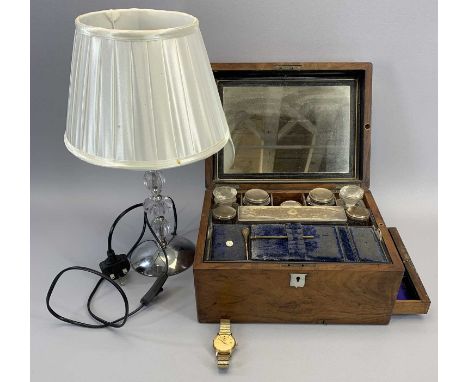VICTORIAN WALNUT VANITY BOX &amp; OTHER COLLECTABLES, the box with interior mirror to the lid, arrangement of glass stoppered