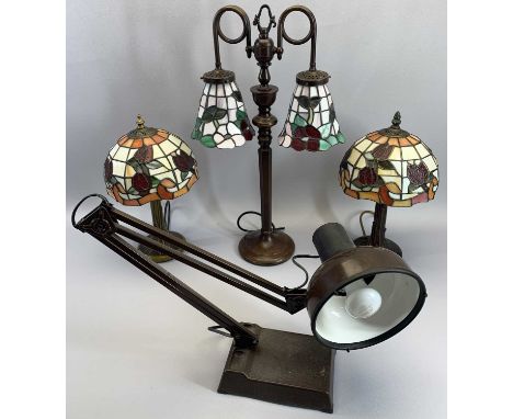 REPRODUCTION TIFFANY STYLE TABLE LAMPS (3) and a desk type anglepoise lamp, 58cms H the double shade lamp, 38cm heights the o