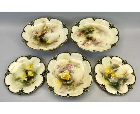 HADLEY'S WORCESTER HAND PAINTED PORCELAIN PART FRUIT SET consisting of 2 x 12cms H x 26cms across pedestal comports, 7cms H x