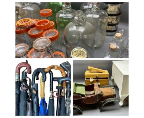 DEMIJOHNS (8), Kilner vintage provision containers, apothecary type bottles, a carboy and an oversized whisky bottle, CARVED 