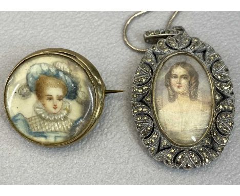 VINTAGE PORTRAIT MINIATURES - mounted in precious metals (2) including a 9ct gold circular brooch with head and shoulders stu