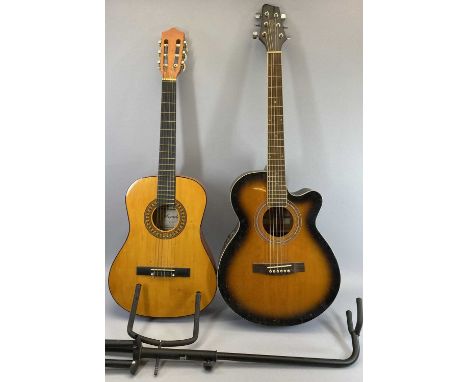 STAGG ACOUSTIC GUITAR &amp; ONE OTHER along with a single guitar stand, interior label marked 'Stagg Model SA40MJCFI-BS 1108/