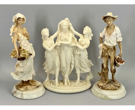 CONTINENTAL POTTERY FIGURES, A PAIR - on circular mineral bases, 32cms tall and a composition model of three classical ladies