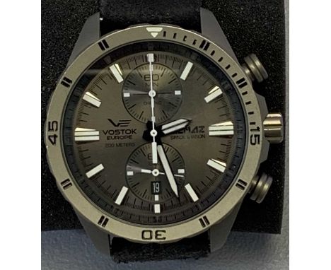 VOSTOK EUROPE ALMAZ SPACE STATION TITANIUM CHRONO WRISTWATCH - Product No 259/3000, with leather strap, in original presentat