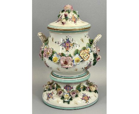 CHARENTON-SAINT-MAURICE (FRANCE) CERAMIC TWIN-HANDLED FLORAL ENCRUSTED JAR &amp; COVER - on a pedestal base, 27cms H, 17cms d