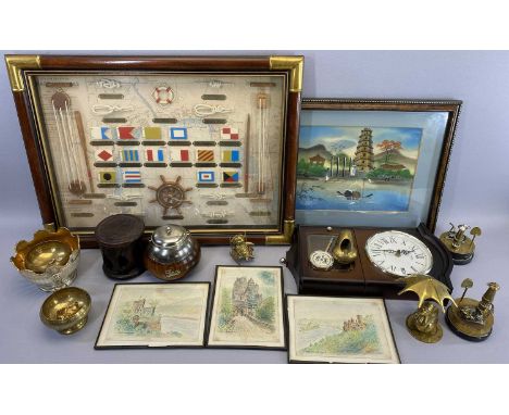 MIXED COLLECTABLES GROUP - ornamental brassware, vintage oak tea caddy with metal mounts, reproduction wall clock, marine the