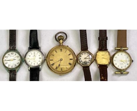 18CT GOLD FOB WATCH, 9ct gold cased lady's wristwatch and others, the fob watch with gilt dial set with Roman numerals stampe