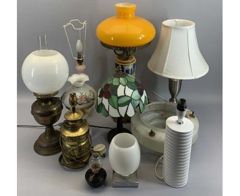 ORNAMENTAL TABLE LAMPS - an assortment, Tiffany style, converted oil lamps, also, a vintage pendant ceiling shade, ETC