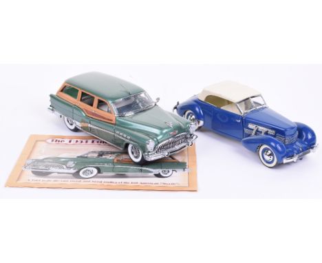 Franklin Mint Precision Models 1937 Cord 812 Phaeton Coupe, blue diecast body, cream soft top and a Danbury Mint 1953 Buick E