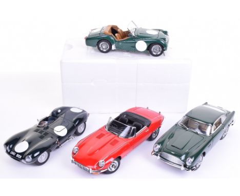 Three Auto Art Scale Models, Jaguar ‘E’ type, Jaguar ‘D’ type and Aston Martin DB5, 1:18 scale models are in near mint to min