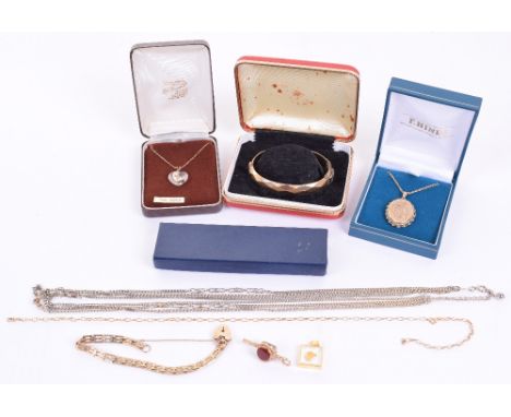 9ct Gold Locket Necklace, accompanied by a 9ct gold chain, 1/5 9ct rolled gold bangle, 9ct gold linked bracelet chain with 9c