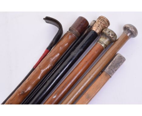 Selection of Walking Sticks / Canes, including an example with sheet gold top having engraved “A present from E Robbins to H 